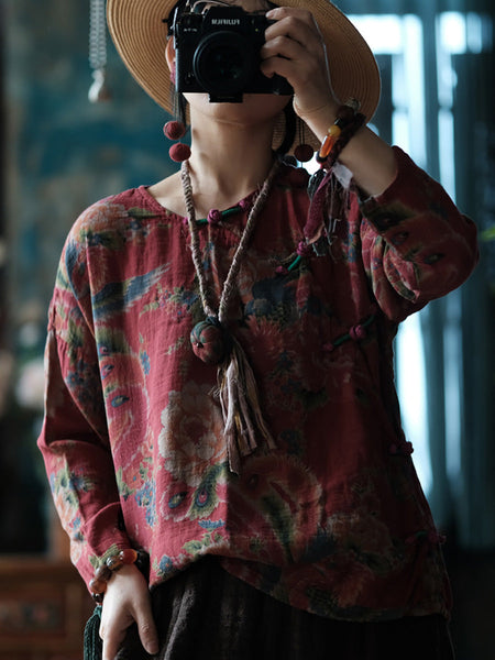 Women Ethnic Summer Flower Cotton Loose Shirt CO1014 Ada Fashion