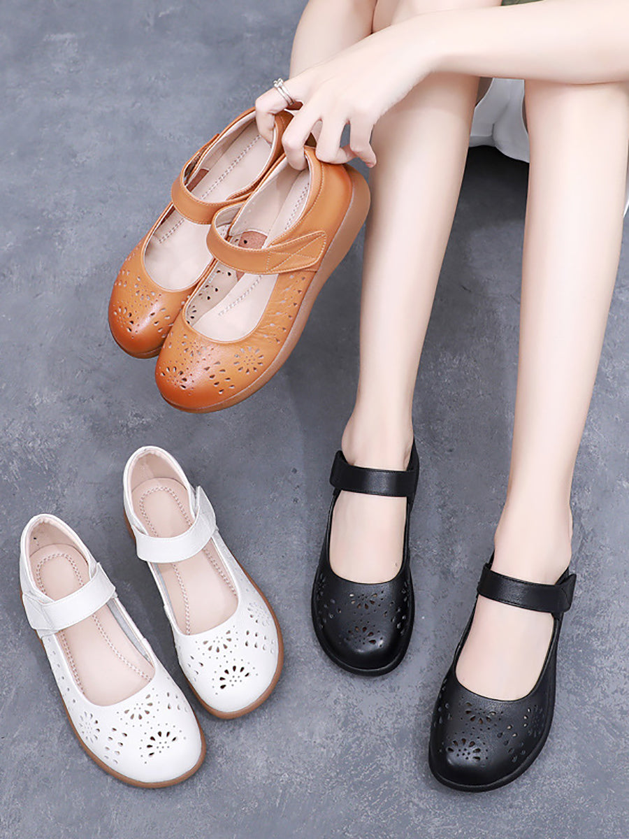 Women Summer Artsy Solid Leather Cutout Flat Shoes FG1024 Ada Fashion