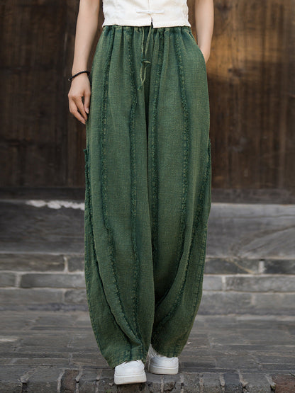 Women Ethnic Solid Raw-edge Wide-leg Ramie Pants FD053 BXF