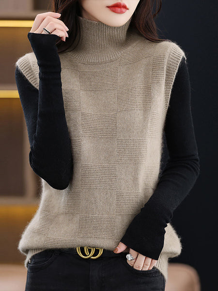 Women Casual Wool Turtleneck Plaid Knit Vest BA1016 Genistyle Shop