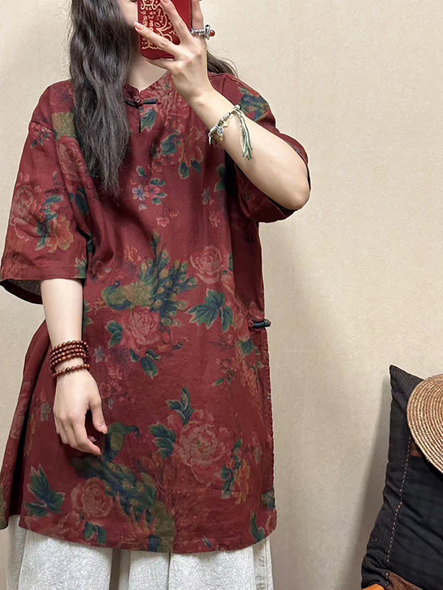 Women Vintage Flower Linen Summer Long Shirt CO1015 Ada Fashion