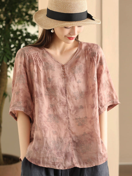 Women Summer Artsy Flower V-Neck Thin Ramie Shirt FD004 BUYKUD