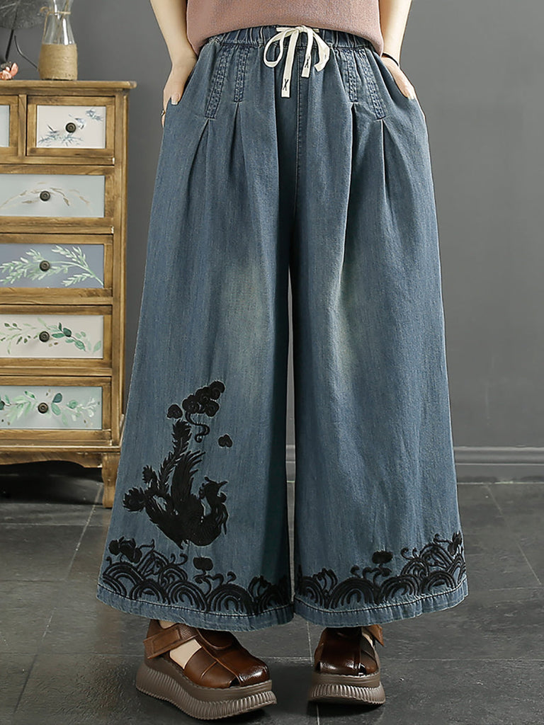 Women Ethnic Phoenix Embroidery Wide-leg Denim Pants KL1009 Ada Fashion