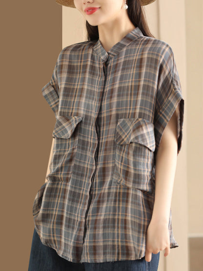 Women Summer Vintage Plaid Button-up Shirt PP1037 XLM