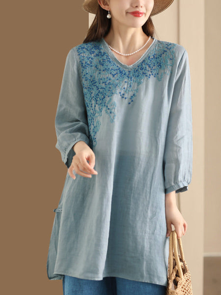 Women Summer Artsy Embroidery Ramie Long Shirt AS1022 Ada Fashion