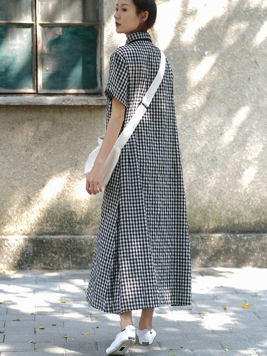 Plus Size Women Summer Vintage Plaid Frog Loose Dress WE1031 Ada Fashion