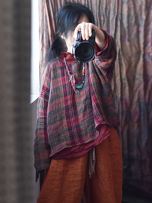 Women Spring Linen Retro Plaid Loose Shirt RR008 QYMM