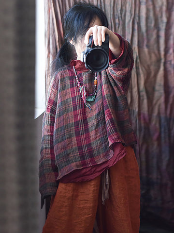 Women Spring Linen Retro Plaid Loose Shirt RR008 QYMM