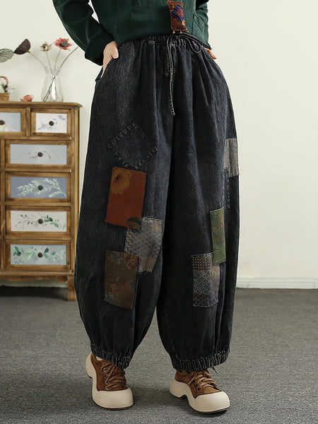 Women Autumn Patch Spliced Denim Harem Pants AI1053 BUYKUD