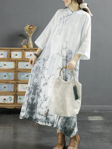 Plus Size Women Summer Bamboo Print Ramie Dress SC1029 Ada Fashion