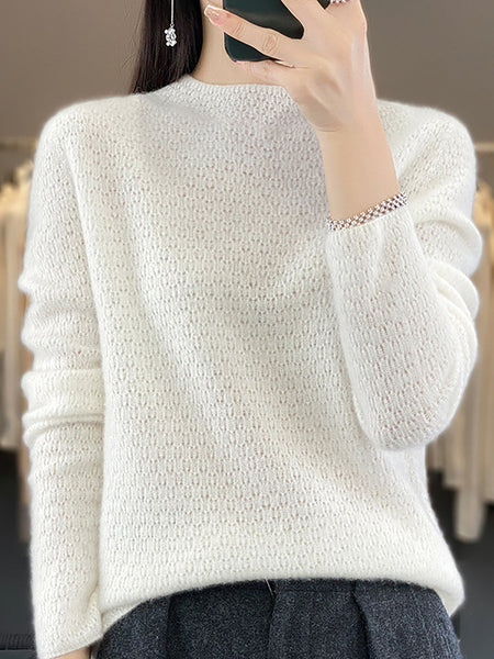 Women Autumn Casual Solid Knit 100%Wool O-Neck Sweater WU010 BK