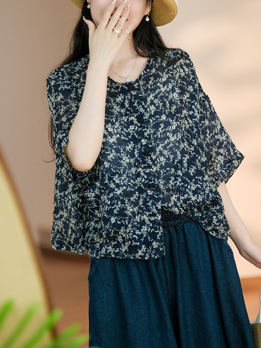 Women Summer Artsy Flower Button-up Pocket Ramie Shirt CC047 LPP