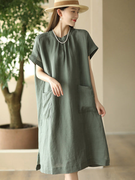 Women Summer Casual Solid Pocket O-Neck Linen Dress FD002 ZMMM