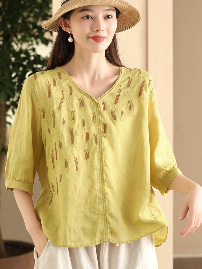 Women Summer Artsy Embroidery V-Neck Ramie Shirt FD005 ZMMM