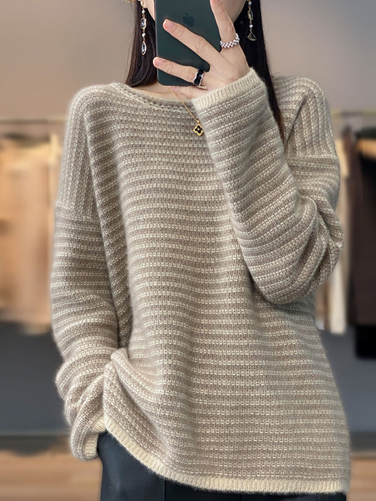 Women Autumn Casual Stripe O-Neck Wool Knit Sweater AT1012 BUYKUD