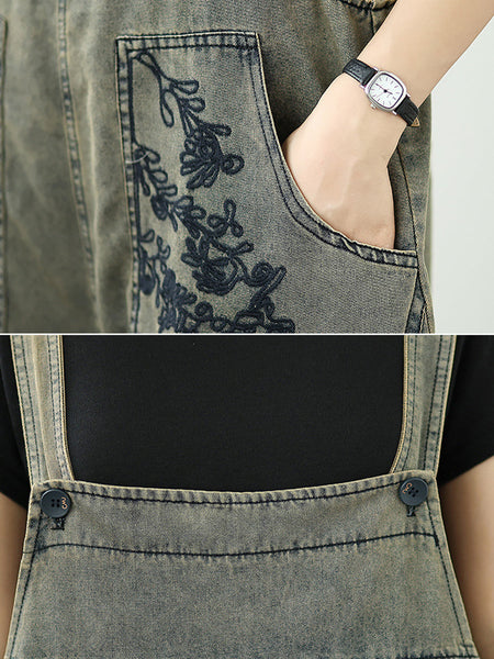 Long Jumpsuits Women Flower Embroidery Denim Summer FashionChic