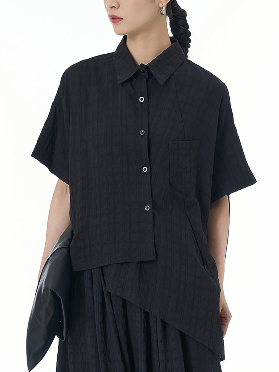 Women Summer Artsy Plaid Button-up Irregular Hem Shirt CX033 AYFZ