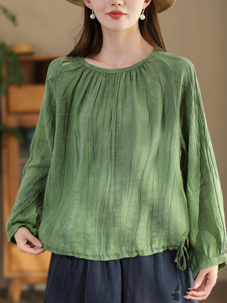 Women Summer Artsy Strap Hem O-Neck Ramie Blouse AS1026 BUYKUD