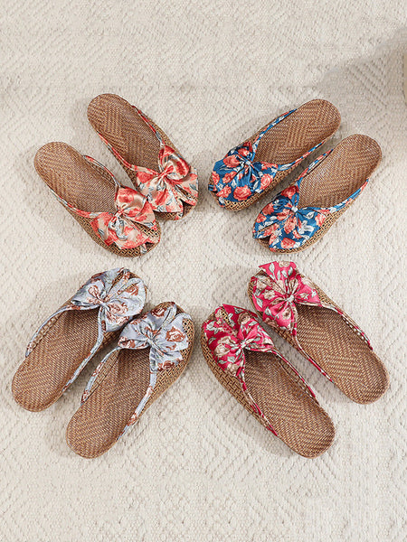 Bowknot Ethnic Weave Women Indoor Slippers Straw Flower FashionChic