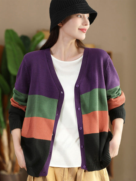 Women Autumn Colorblock V-Neck Knit Sweater AS1012 BUYKUD