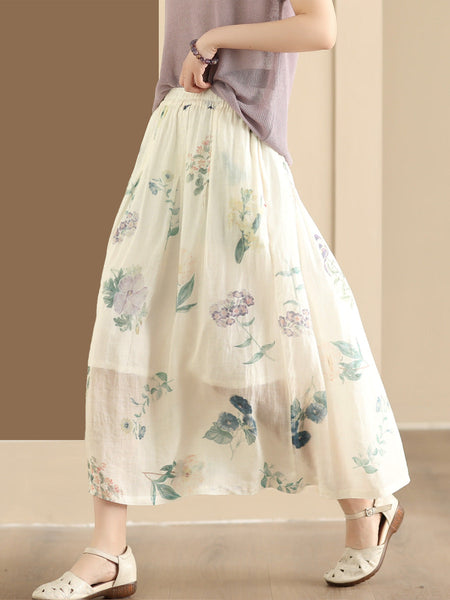 Women Artsy Summer Flower Ramie A-shape Skirt CO1025 Ada Fashion