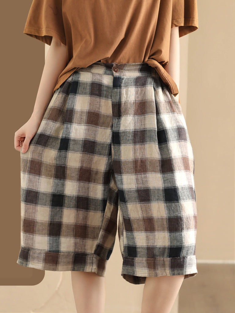 Women Summer Casual Plaid Linen Wide-leg Pants PP1028 BUYKUD