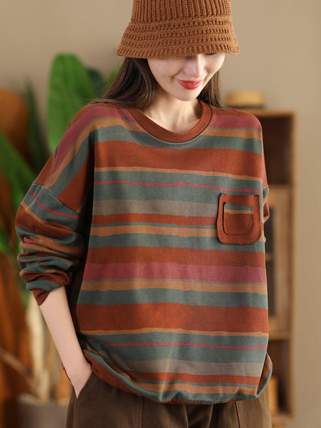 Women Casual Autumn Colorblock Stripe O-Neck Cotton Sweatshirt AI1027 YYMY