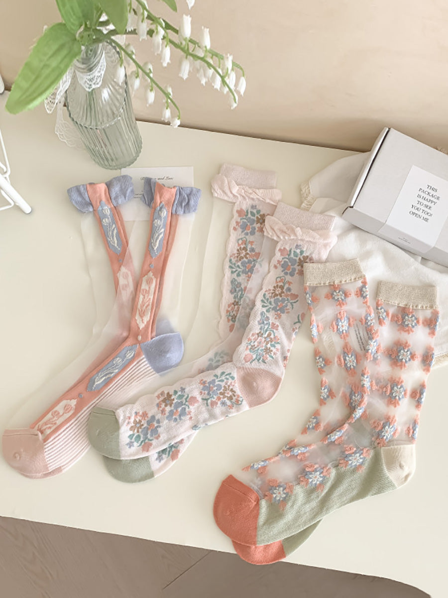 3 Pairs Women Artsy Flower Jacquard Long Socks FD029 TKWY