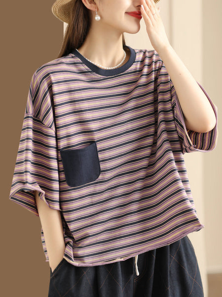 Women Casual Summer Stripe Spliced Loose Shirt CO1047 Ada Fashion