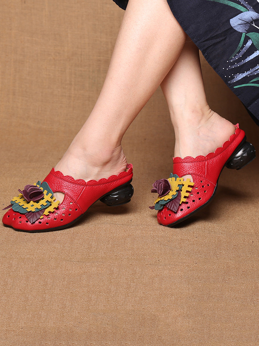 Women Summer Ethnic Leather Flower Spliced Low Heel Sandals FD014 TOYA