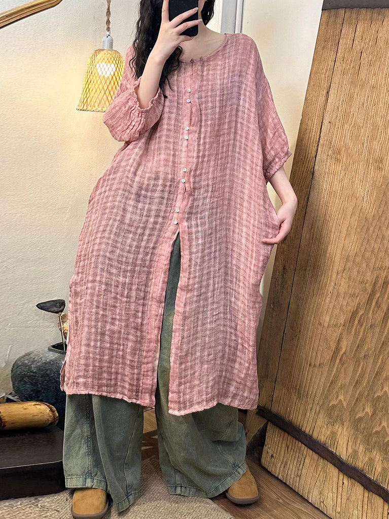 Women Retro Plaid Button-up O-Neck Linen Long Shirt CC028 GLL