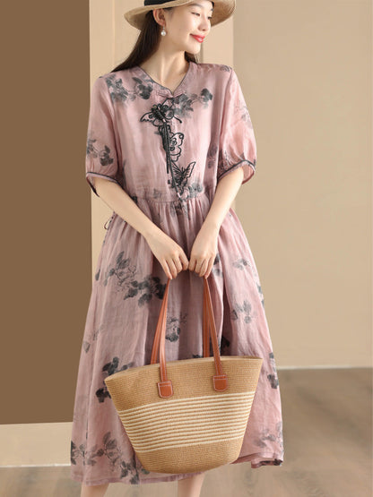 Women Summer Vintage Butterfly Embroidery Ramie Dress PP1036 MDFZ