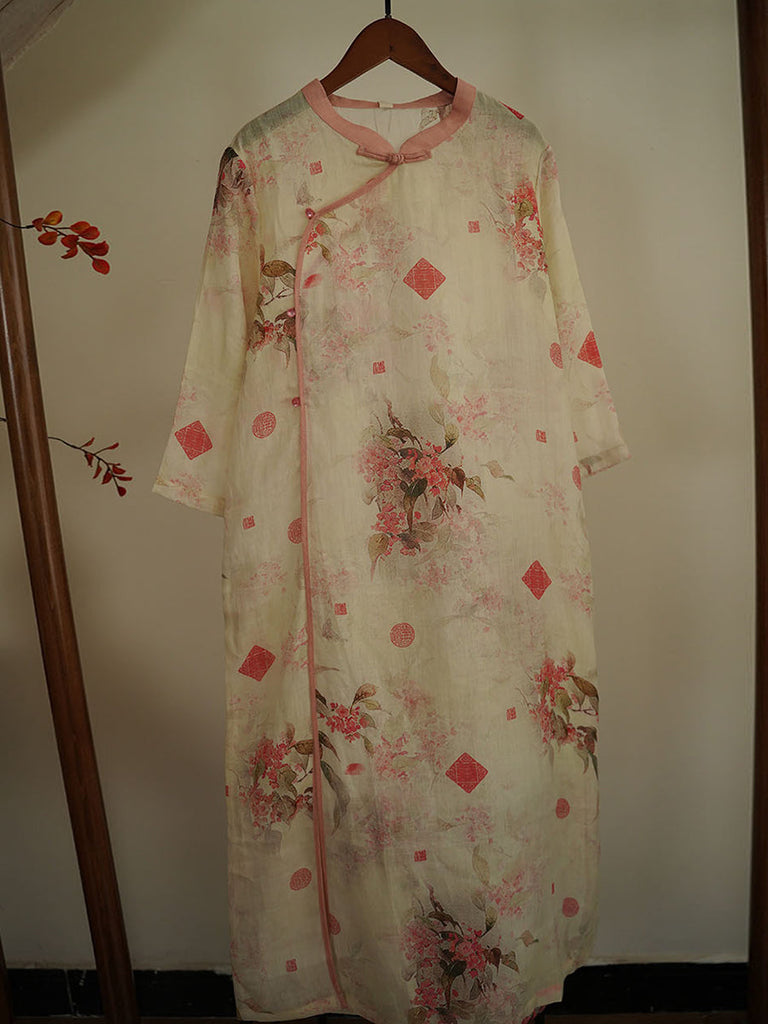 Women Artsy Floral Vintage Ramie Robe Dress XX1025 Ada Fashion