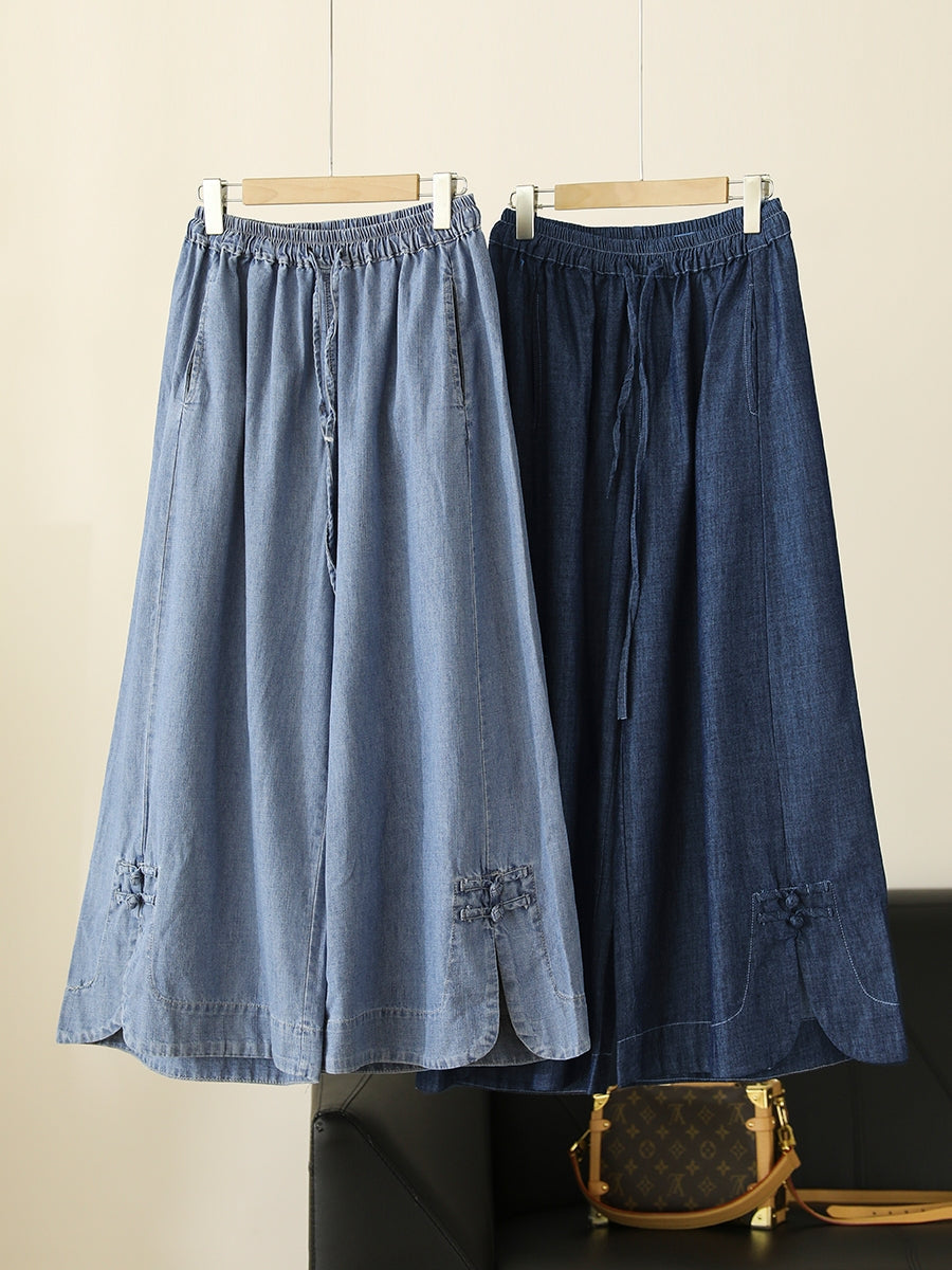 Women Summer Vintage Buckle Wide-leg Denim Pants CX031 DYL