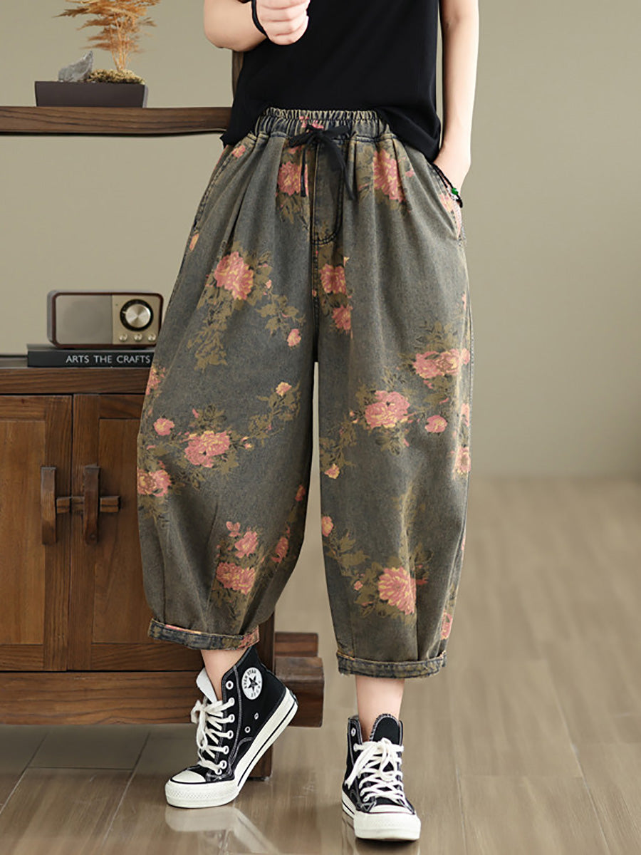 Women Summer Vintage Flower Denim Harem Pants LL034 BUYKUD