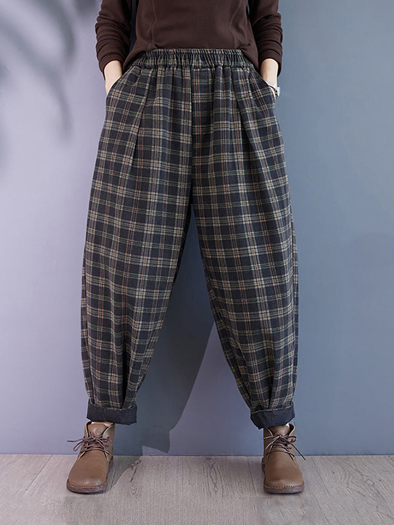 Women Autumn Retro Plaid Thick Cotton Harem Pants BA1036 Genistyle Shop