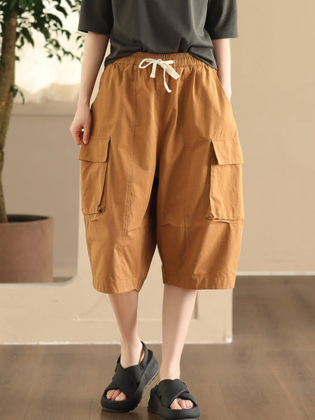 Women Summer Casual Solid Pocket Loose Cotton Fifth Pants FD022 ZMMM