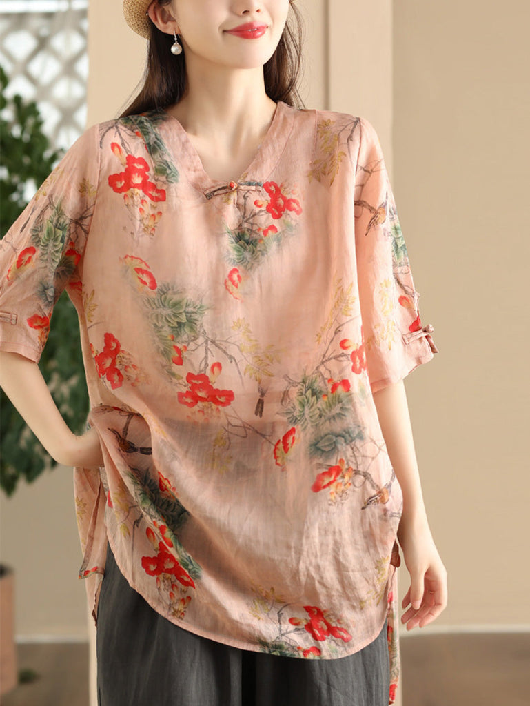 Women Summer Vintage Flower Buckle Ramie Long Shirt LL039 BUYKUD