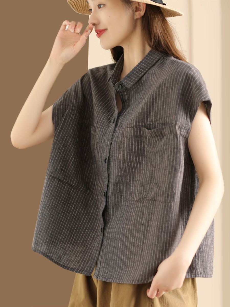 Women Artsy Summer Stripe Linen Button-up Shirt SC1046 Ada Fashion