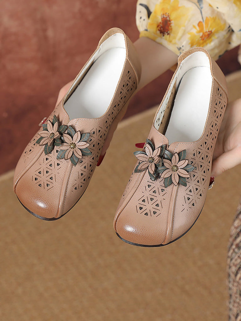 Women Vintage Leather Flower Cutout Flat Shoes KL1034 Ada Fashion
