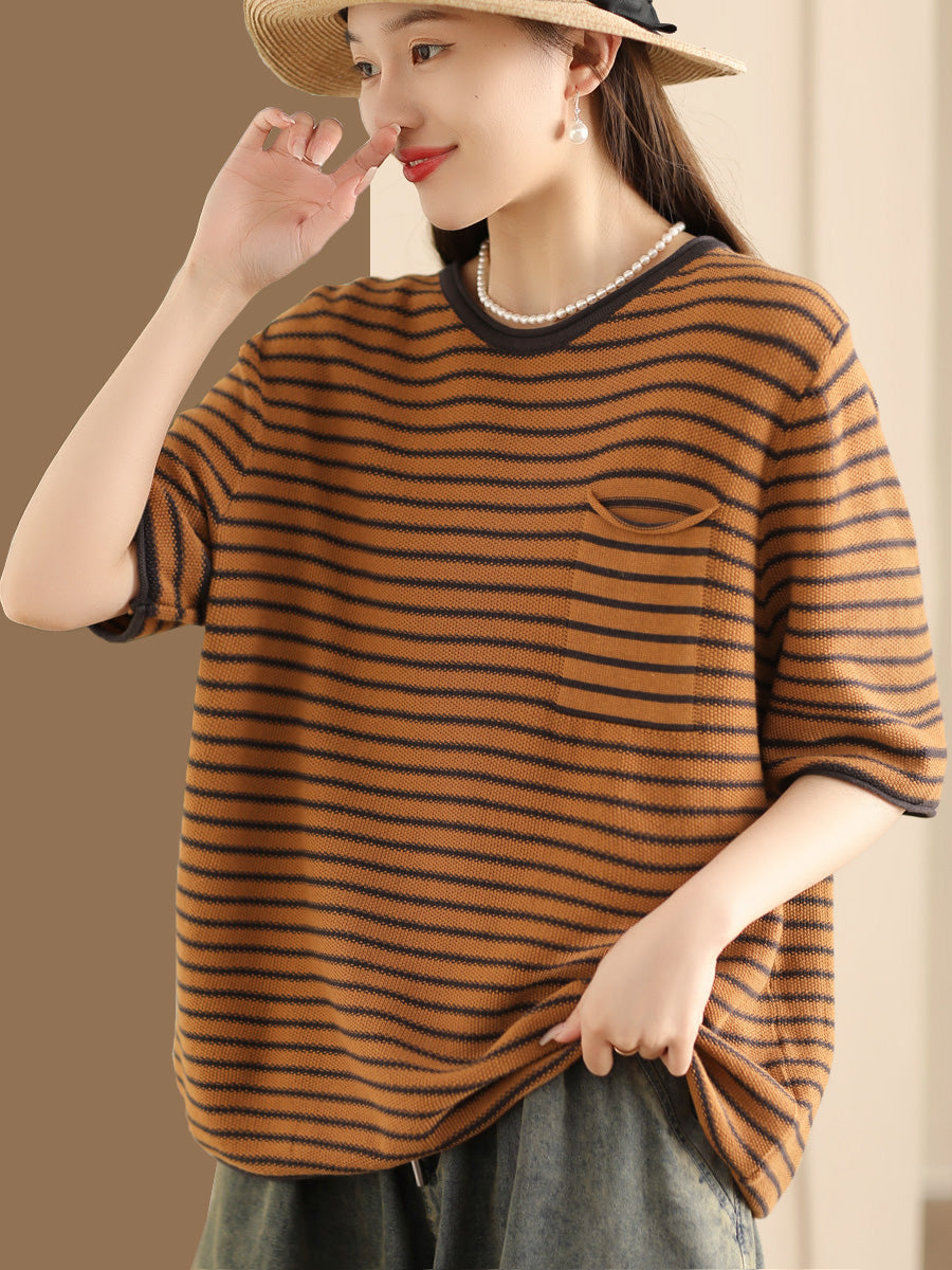 Women Summer Stripe Casaul Knitted Pullover Shirt SC1021 Ada Fashion