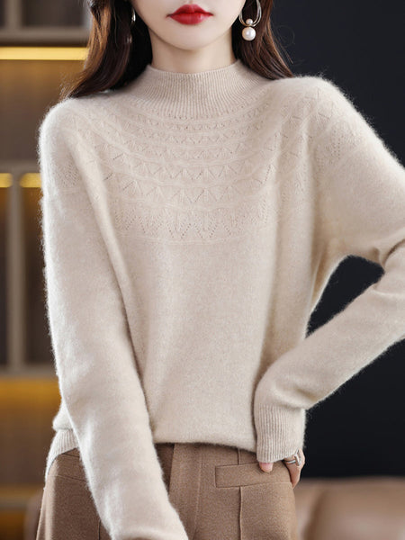 Women Autumn Solid Cable Knit 100%Wool Half Turtleneck Sweater QN017 BK