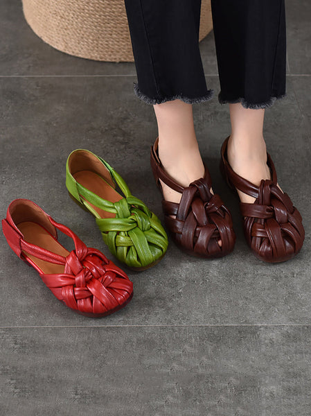 Summer Leather Flat Retro Women Weave Genuine Shoes FashionChic