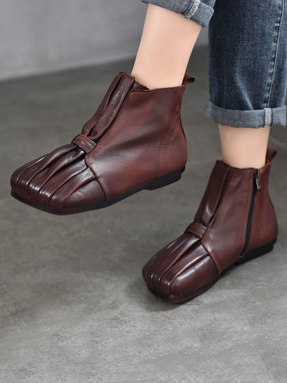 Women Soft Leather Shirred Square Toe Ankle Boots WG031 BUYKUD