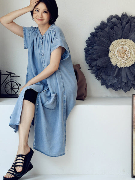 Plus Size Women Summer Casual Solid Blue Denim Dress HH030 MLXY