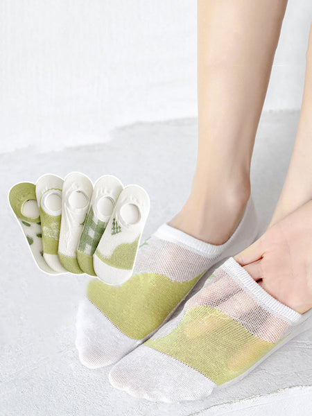 5 Pairs Women Summer Green Thin Short Socks II1030 BUYKUD