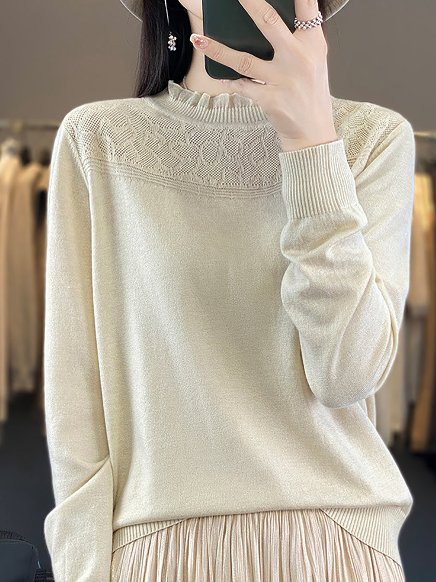 Women Autumn Lacework Neck 100%Wool Loose Sweater QM020 BK