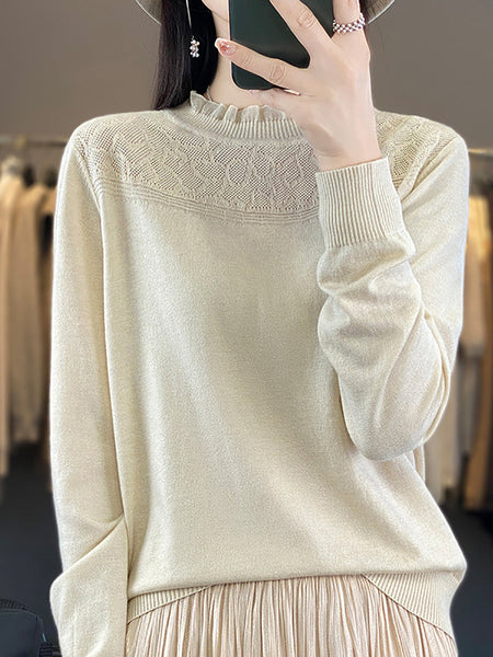 Women Autumn Lacework Neck 100%Wool Loose Sweater QM020 BK