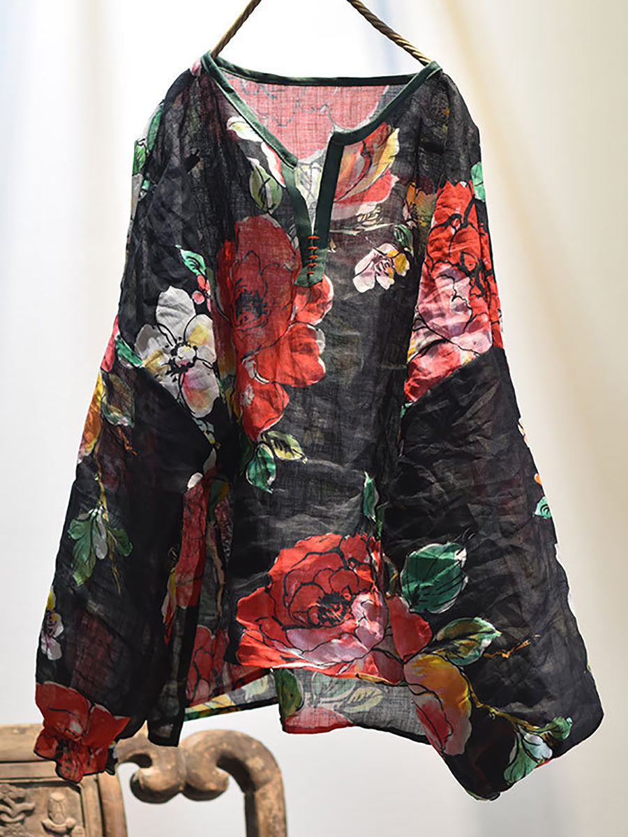 Women Ethnic Spring Flower Print V-Neck Shirt LL060 QYMM