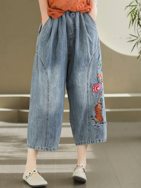 Women Artsy Flower Embroidery Denim Harem Pants AS1006 Ada Fashion